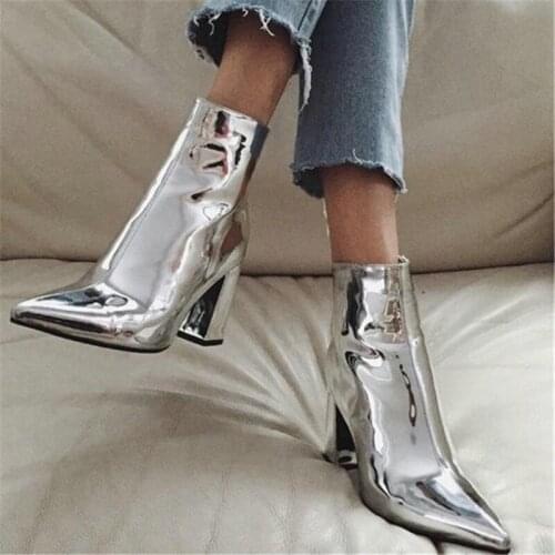 European Bright Leather Thick Pointed Metal Short Boots Patent Leather Silver Martin Boots Female British Wind Side Zipper Heels
