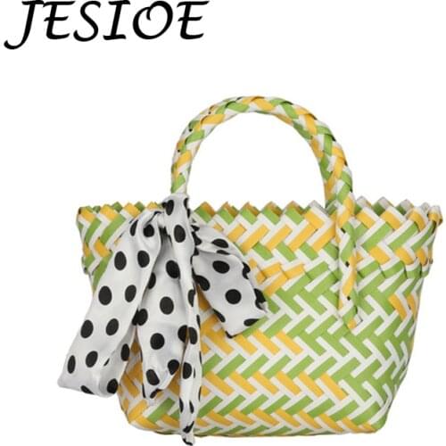 Summer Handmade Bags for Women Beach Weaving Ladies Herringbone Pattern Straw Bag Wrapped Beach Bag Top Handle Handbags Totes