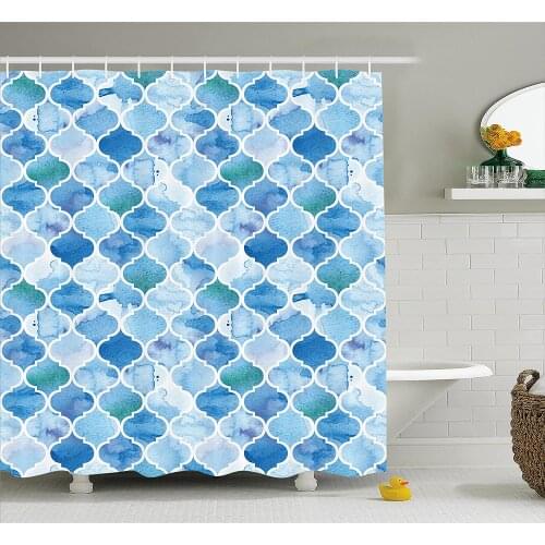 Moroccan Shower Curtain Oriental Style Arabic Mosaic Pattern in Watercolor Paint Retro Style Artwork Print Fabric Bathroom Decor
