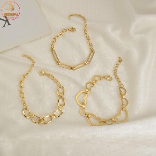 Akizoom Fashion 14K Gold Color Stainless Steel Bracelet Sweet Heart Bangles For Women Jewelry Birthday Gift Freeshipping