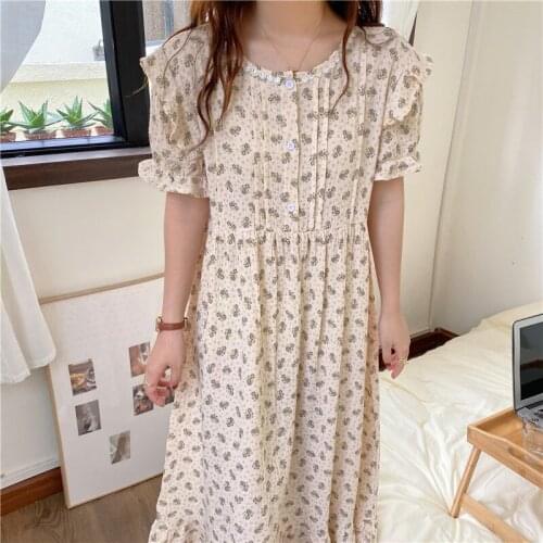 Korean Summer Nightgown Women Flroal Print Sleepwear Loose Soft Cotton Home Clothes Cute Kawaii Nightwear Homewear