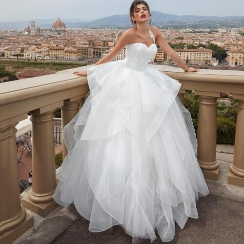 2020 New Tulle Ruffles Ball Gown Wedding Dresses One-shoulder Bridal Dress White/Ivory Princess Wedding Gowns Plus Size