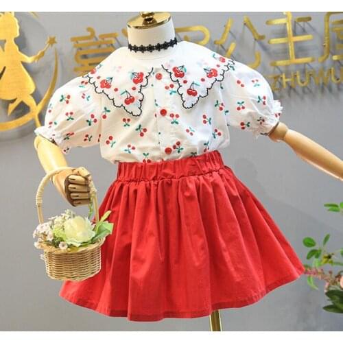 2021 New Baby Girls Summer Fashion Sets, Cherry Top + Red Skirts Wholesale 5 sets/lot