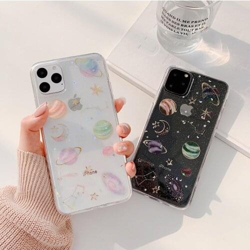 Transparent Glitter Space Planet Star Moon Phone Case for iPhone 11 12 Mini Pro Max XS Max XR 7 8 Plus Shining Soft Epoxy Cover