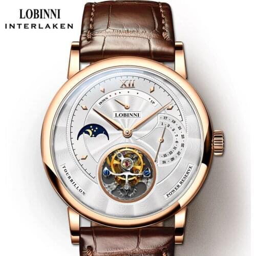 LOBINNI Top Brand Luxury Mechanical Watch Real Tourbillon Men Watch Sapphire Glass Moon Phase Calendar Multifunctional Watch