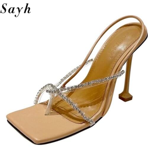 Summer Womens Clip Toe Sandals PVC Transparent Crystal Square Toe High Heels Mules Shoes Pumps Shoes