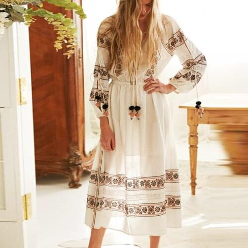 TEELYNN Lantern Long Sleeve Lace Maxi Dresses Women 2021 Vintage White Cotton Floral Embroidery Boho Tunic O Neck Autumn Dress