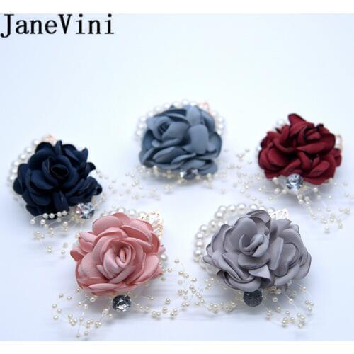 JaneVini Vintage Pink Burgundy Flower Bride Crystal Wrist Flowers Ramillete Silk Pearl Wristband Bracelet Wedding Hand Flowers