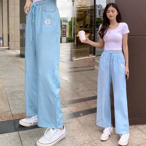 Harajuku Summer Tencel Jeans Womens New Casual Thin Section Small Daisy High Waist Loose Ice Silk Wide-leg Pants Straight Pants