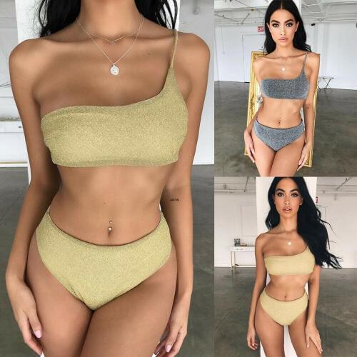 Women Push-Up Bikini Set Ladies Sexy high waist One shoulder gold silver glitter Swimsuit Swimwear Beach Bathing Suit