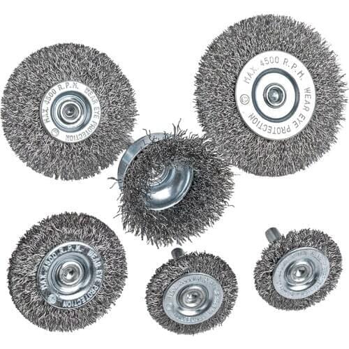 6Piece Wire Wheel Cup Brush Set 0.0118In Coarse Crimped Steel 1/4In Round Shank for Drill
