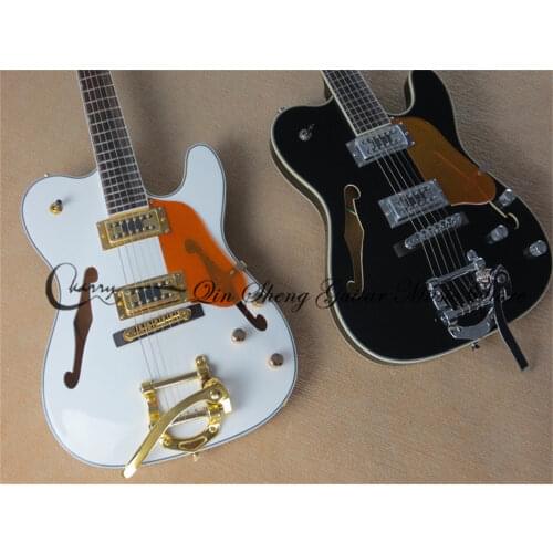 Free shipping custom 6 strings orange guitar,black semi hollow guitar,gold tremolo bridge ,HH pickups ,white binding