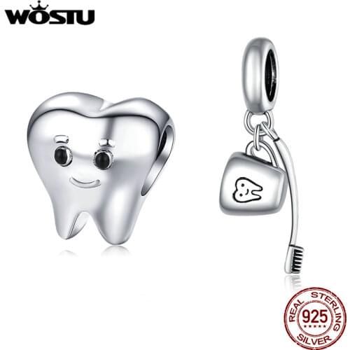 WOSTU Genuine 925 Sterling Silver Lovely Tooth Beads Fit Original Bracelet Pendant Charms For Women Fashion Jewelry CQC1401