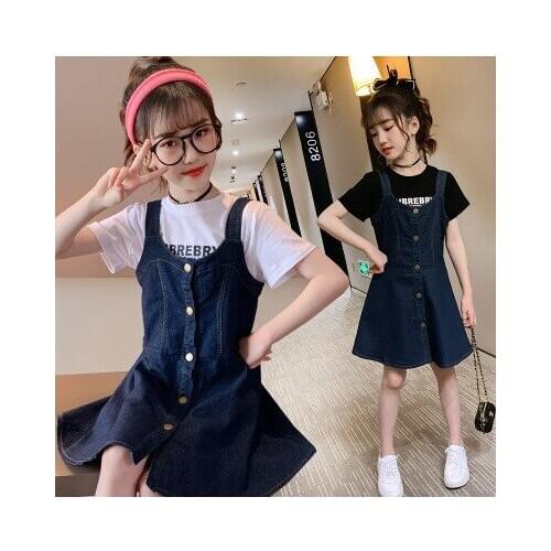 5-10 year old girl summer new childrens clothing Korean version of the big girl denim dress short sleeve two-piece children