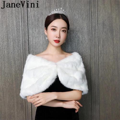JaneVini Winter Bride Fur Coat Bridal Top Wraps Shoulder Cover Capes Evening Jacket for Women Fake Fur Bolero Novia Kadın Ceket