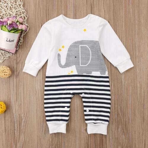 Kids Baby Girls Boy Elephant Striped Romper Jumpsuit O-neck Breathable Bodysuit Cotton Outfits Clothes одежда для новорожденых