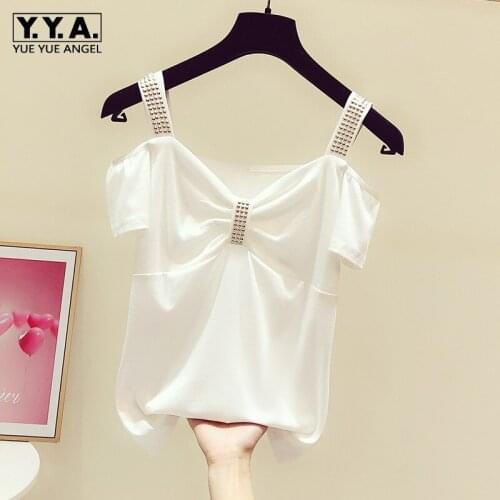 Summer Women Rivets Slash-Neck Off Shoulder T Shirt Leisure Office Lady Loose Fit Short Sleeve Tops Sweet Black T Shirt S-XL