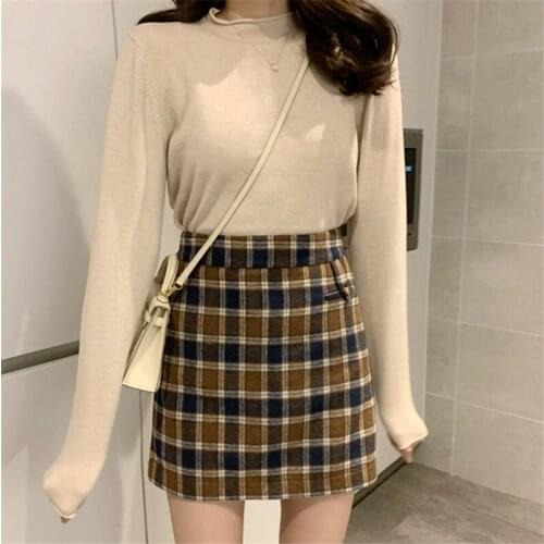 LMQ NEW 2020 Winter Korean Women Harajuku Slim Plaid High Waist Pencil Short Skirts Vintage Stitching Long Skirts Cute Sweet