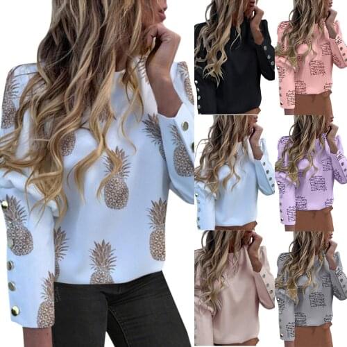 Fashion Office Lady Tops Women Blouses 2021 Fashion Summer Casual O-Neck Solid Color Elegant Metal Button Long Sleeve Tops