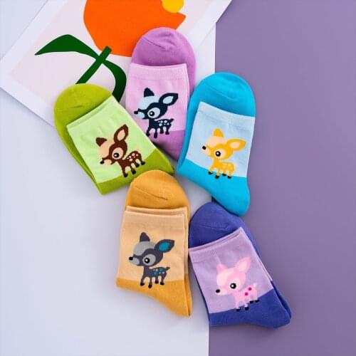 Socks Women Spring Summer Korean Style Cotton Sock Interesting Stitching Pattern Short Crew Socks Deer Head Ladies Girls Socks