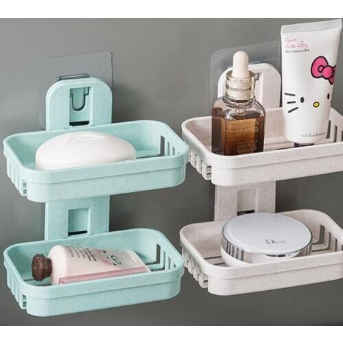 New bathroom suction cup soap holder plastic bracket wall-mounted creative drain soap storage double shelf for new in 2021