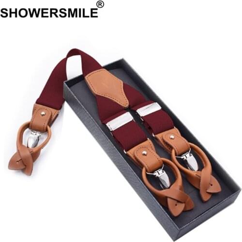 SHOWERSMILE Men Suspender Clips Solid Red Shirt Braces Leather Elastic Male Wide Suspenders 3.5cm Khaki Blue Black Coffee