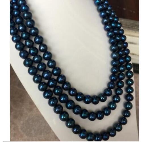 Stunning AAA 9-10mm tahitian round black blue pearl necklace 50inch