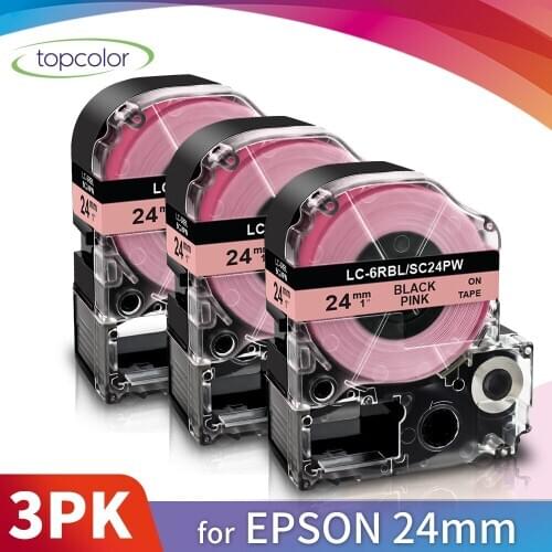 Topcolor 3PK 24mm*8m Black on Pink Label Tape Compatible Epson Label Maker Kingjim Label Printer Typewriter SC24PW LK-6RBL Tape