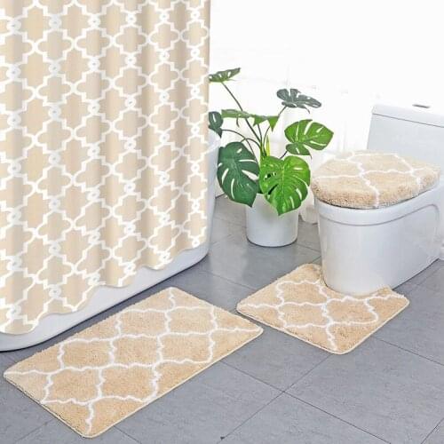 4pcs/set Anti-Slip Bath Mat Geometric Pattern Bathroom Carpet Toilet Rug Shower Toilet Waterproof Curtain Cover Pad Foot Doormat