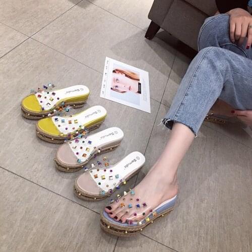 Summer New Women thick Wedge Bottom Slippers Transparent Soft-face Ladies Slippers Colorful Rivets Fashion Woman Slippers