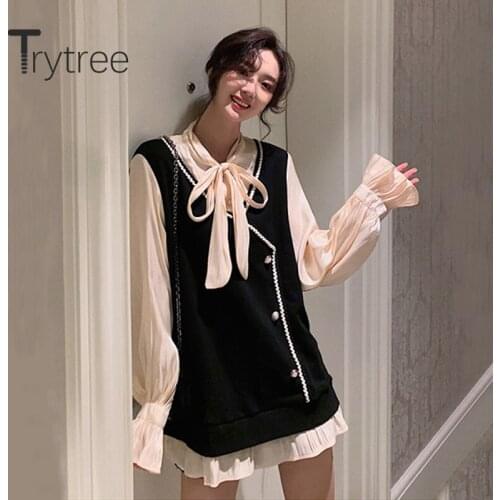 Trytree 2020 Spring Women Casual Dress Bow A-line Loose Button Patchwork Fake two pieces Fashion Vintage Elegant Mini Dress