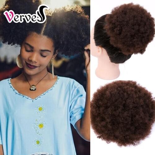 VERVES Synthetic Short Afro Kinky Hair Bun High Temperature Drawstring ponytail Clip in Hair Extension on Puff Hair Bun Brown