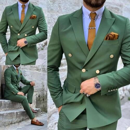 Green Double Breasted Wedding Tuxedos Soild Color Mens Groom Suits High Quality Prom Party Blazer Coat (Jacket+Pants)