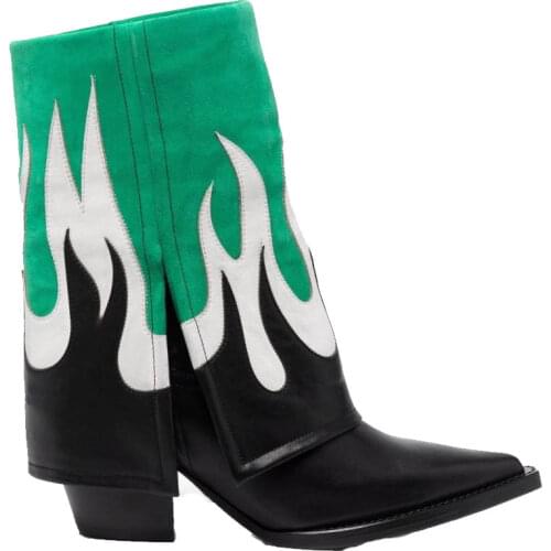 2021 Autumn Fashion Boots Womens Splicing Mid-calf Short Boots Thick Heel Pointed Toe Color Matching Chelsea Boot Shoes Woman