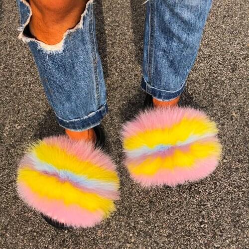 ETHEL ANERSON Womens Flip Flops Raccoon Furry Fur House Slippers with Real Fluffy Fur Slides For Woman Designer Style White