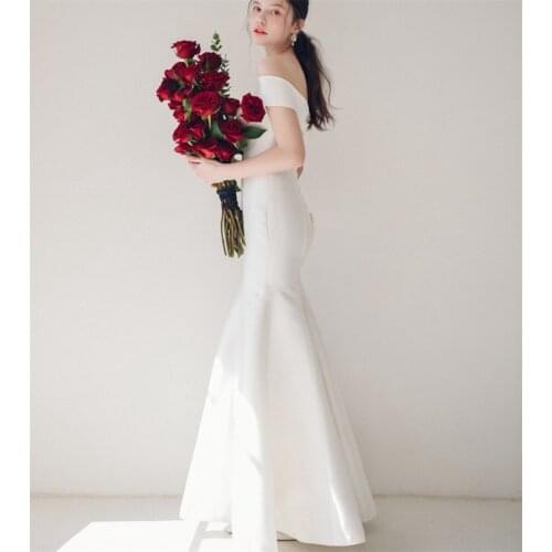 Floor Length Mermaid Off-Shoulder Wedding Dress 2021 Satin Elegant Short Sleeve Backless Bridal Gowns vestidos de mairee Wedding