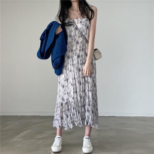 Limiguyue Women Dresses Summer Ink Print Spaghetti Strap Dress Pleated Sleeveless Vestidos Holiday Party Sexy Long Dress K2236
