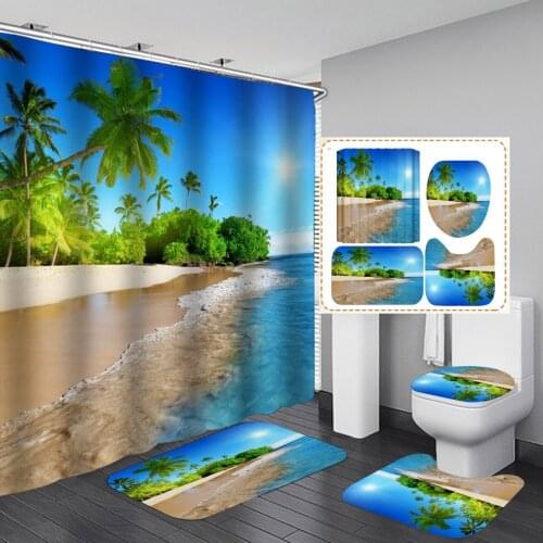 Coastal Sunny Beach Scenery 3D Shower Curtain Pedestal Rug Lid Toilet Cover Carpet Bath Mat Set Bathroom Curtains with Hooks