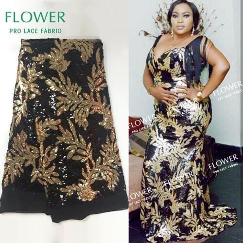 Gold And Black Sequined African Lace Fabric Nigerian Evening Dresses Sewing Fabrics 2018 High Quality Sequins Mesh For Wedding