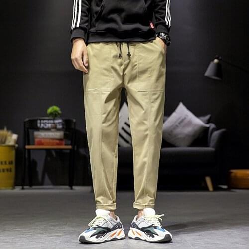 Mens Casual Pants Breathable Cotton Loose Trousers Solid Color Elastic Waist Classic Style Male Cargo Pants Dropshipping