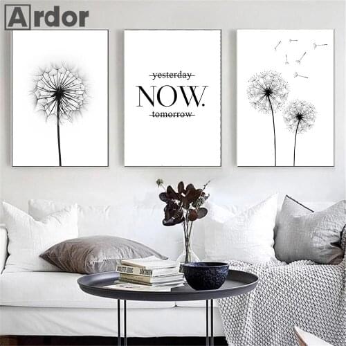 Black White Dandelion Wall Art Prints Yesterday Now Tomorrow Motivational Quote Poster Canvas Painting Minimalist Picture Decor