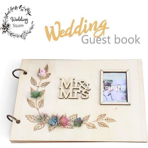 Wedding GuestBook Wedding Succulent Cactus Wrcath Personalised Guest Book Wood book