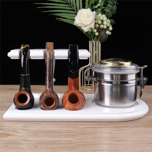 Muxiang Beech Wooden Pipe Stand Rack Smoking Tools Holder Show 6pcs Pipe and Stainless Steel Tobacco Can Practical Rack 2 Colors