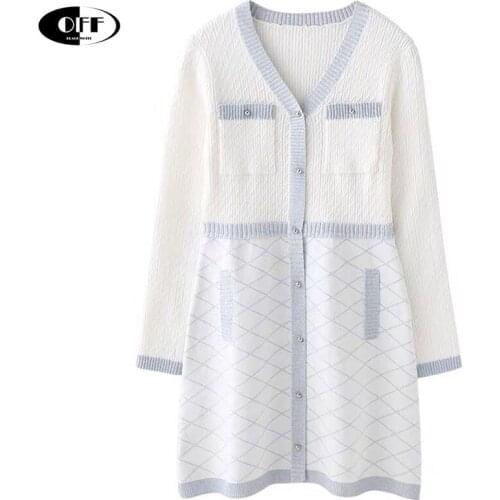 Designer Autumn Knit Woman Dress Elegant Striped Long Sleeve Sweater Casual Knitting Lady Temperament Short Dresses Robes Female