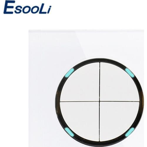 Esooli 2019 New Arrival Crystal Glass Panel 4 Gang 1 Way Random Click On / Off Wall Light Switch With LED Indicator