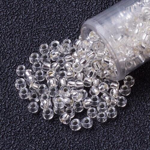 FGB&reg Seed Beads, 12/0 Transparent Silver Color Lined Round Glass Seed Beads, Grade A, Clear, 2x1.5mm about 5000pcs/50g