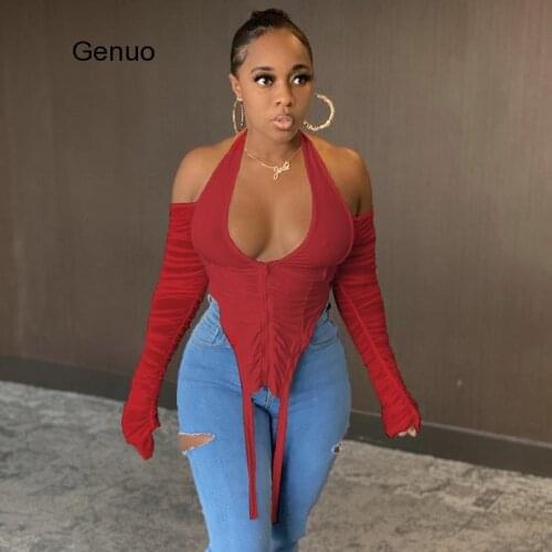 T-Shirts Tops Women Autumn Zip Pleated Halter V-Neck Long Sleeve Backless Sexy Party Clubwear Female Hot Tees