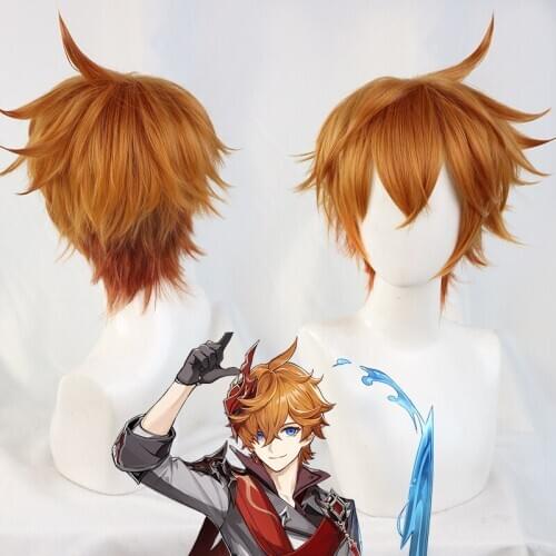 Genshin Impact Tartaglia Cosplay Wig Short Straight Brown Heat Resistant Synthetic Party Halloween Hair+ Wig Cap
