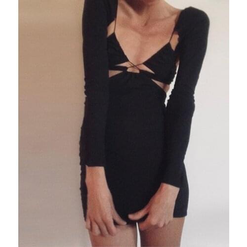 Gothic Black Long Sleeve Dress Women Sexy Outfits Autumn Winter Punk Skinny Backless Bandage Cut Out Dress