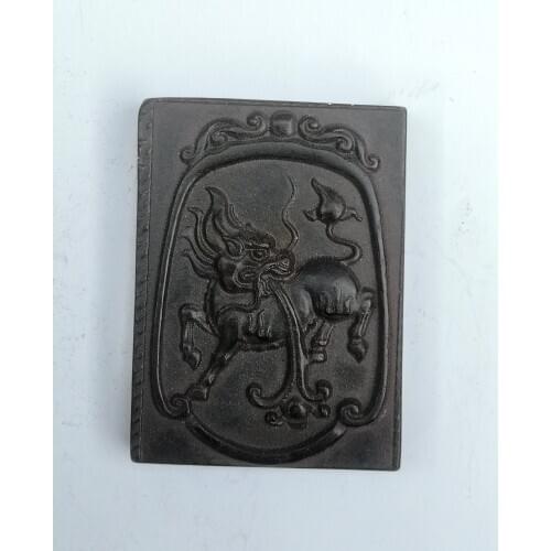 YIZHU CULTUER ART Collection Old China Hongshan Culture Black Magnet Jade Kylin Statue Amulet Pendant Ornament